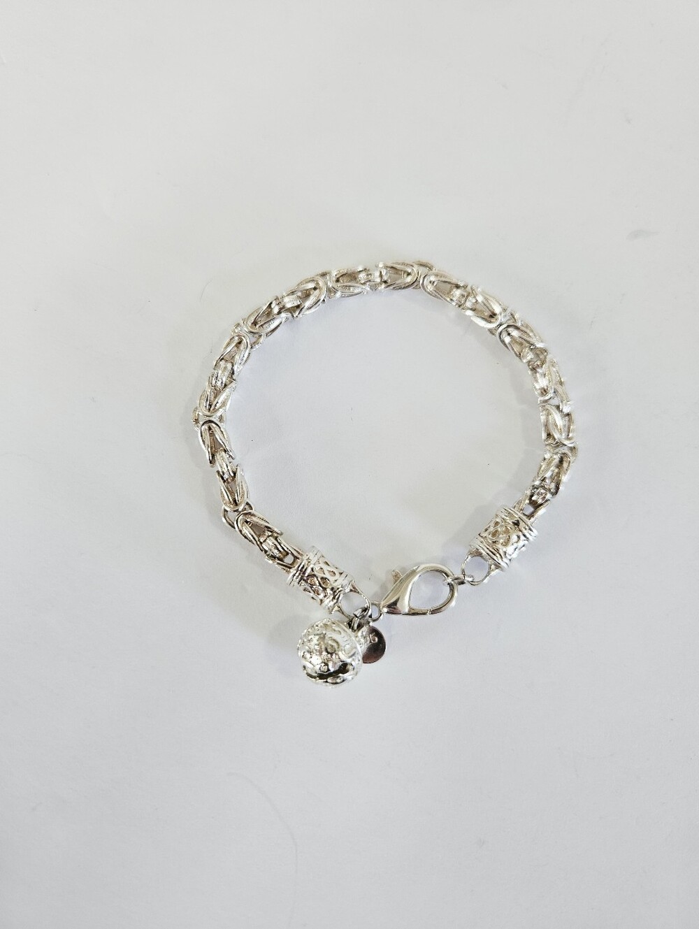 Sterling Silver Bell Charm Viking Byzantine Style Round Linked Chain Bracelet